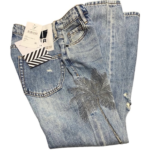 NWT Sandrine Rose Free People High Rise Palm Tree Straight Distressed Jeans - Picture 3 of 3